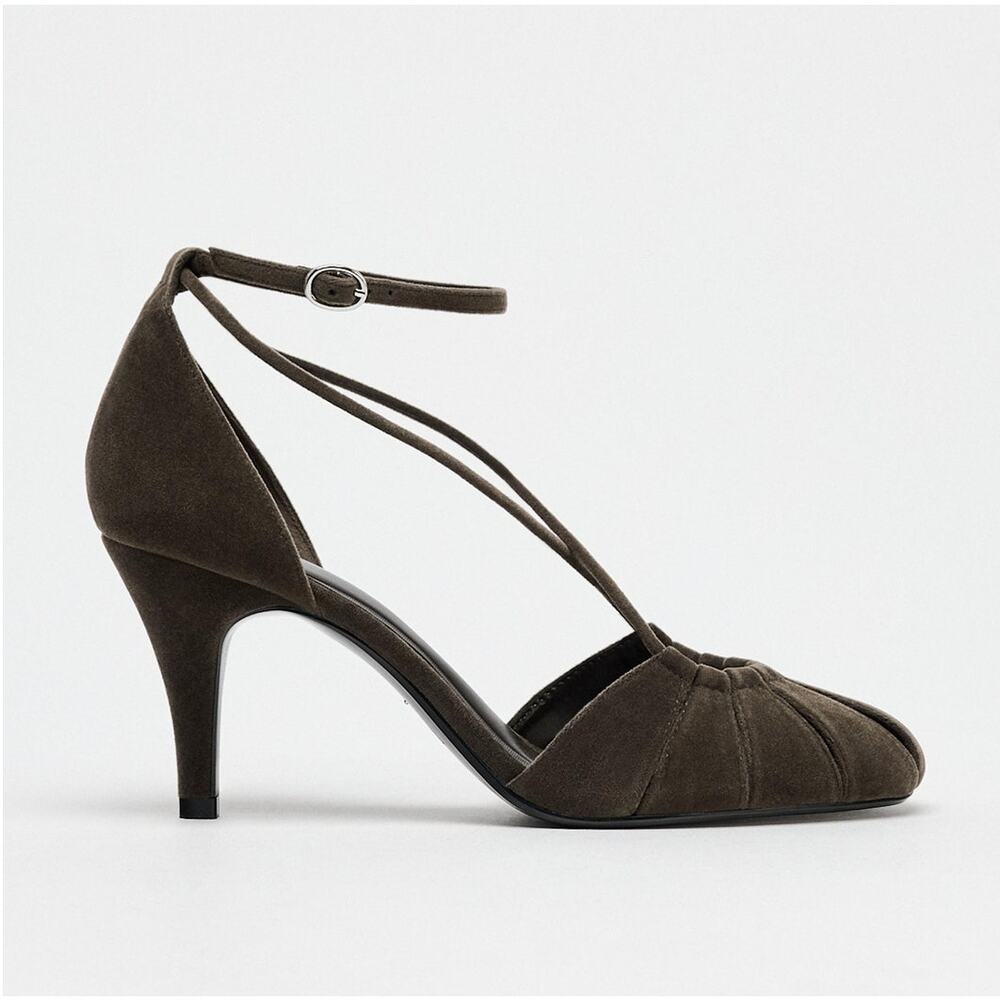 Zara NWT Brown Velvet Cross Strap Balletcore Heels 7.5 - Picture 13 of 16